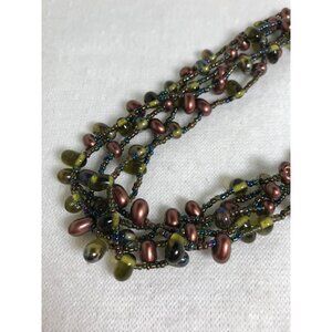 Rich Earth Tones Five Strand Beaded Necklace with Iridescent Seed Beads - 18"